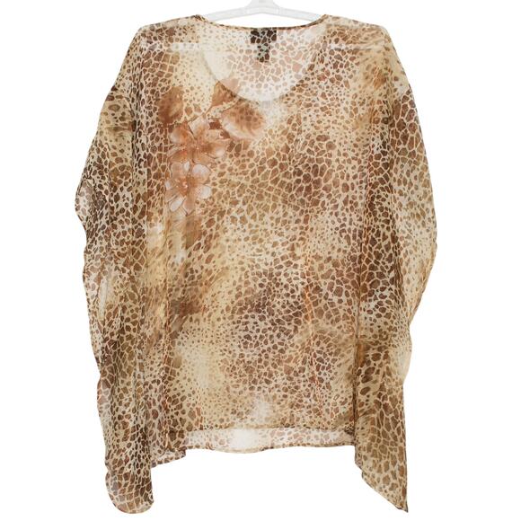 Maggie Barnes Top Sheer Animal Floral Elegant Classic Kimono Neutral Brown 3X - Picture 2 of 5